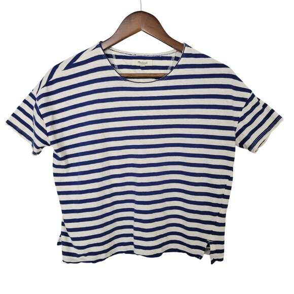 Madewell Tops - Madewell Striped Linen Blend Short Sleeve Crop Tee Womens Size XXS Blue & White
